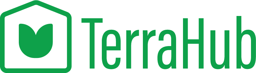 TerraHub logo in green with leaf icon inside a house shape