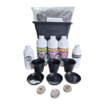 Kushy Grow Kit with soil, pots, nutrients, and instructions for cannabis growing.