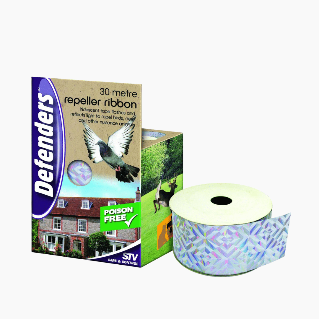 4. Iridescent repeller ribbon stretched between garden posts, reflecting sunlight to deter birds and animals from fruit trees and vegetable crops.