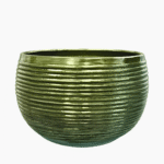 Elise Pot Green metallic cover pot with horizontal ridged texture, stylish decorative planter for indoor plants