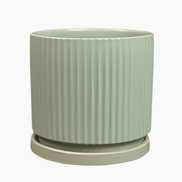 Modern mint green Siebe ceramic pot with matching saucer, glazed finish, for indoor plants