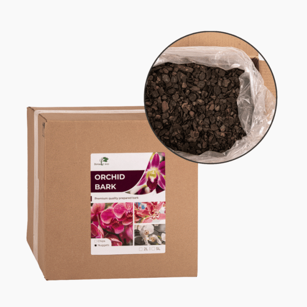 Loose, chunky orchid bark in earthy tones for orchid potting