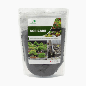 Dark, granular AgriCarb biochar made from macadamia shells for soil enrichment