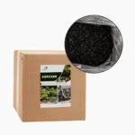 Dark, granular AgriCarb biochar made from macadamia shells for soil enrichment