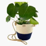 Handmade Rope Planter Large in navy and ivory tones with jute cord for standing or hanging display