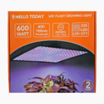 600W LED plant growing light packaging showing full-spectrum 400–700nm wavelength specifications, designed for indoor plant growth, photosynthesis support, and faster, healthier plant development.