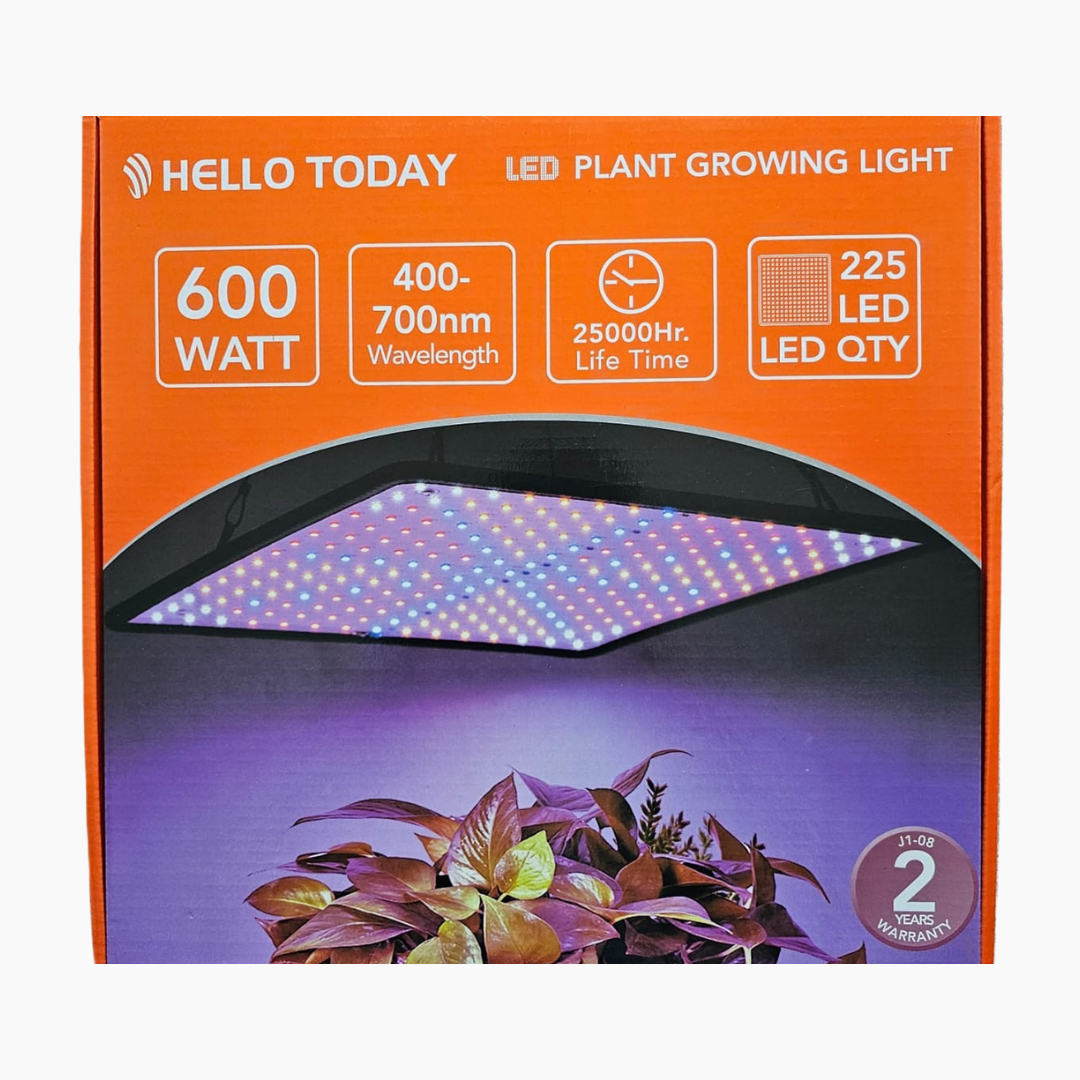 51 600W LED plant growing light packaging showing full-spectrum 400–700nm wavelength specifications, designed for indoor plant growth, photosynthesis support, and faster, healthier plant development.